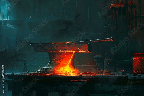 : A single, glowing ember resting on a colossal anvil, casting an orange hue across a blacksmith's workshop. photo