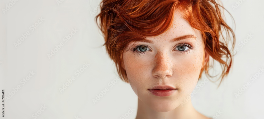 Red-haired girl with short hair on a white background, model appearance - obrazy, fototapety, plakaty 