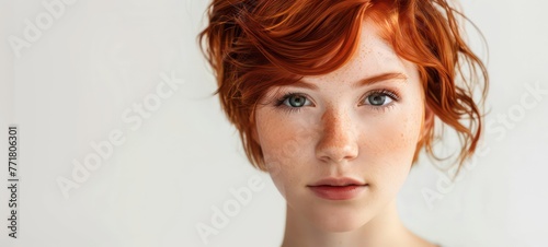 Red-haired girl with short hair on a white background, model appearance