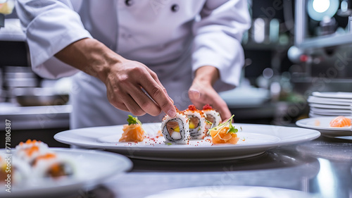 A chef meticulously arranging sushi on a pristine white plate, surrounded by stainless steel and a backdrop of a soft lavender-gray wall in the hotel kitchen.