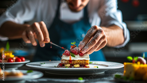A chef skillfully plating a dessert masterpiece, with a backdrop of a deep navy-blue wall adding a touch of sophistication to the vibrant hotel kitchen. photo