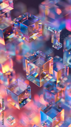 Connected iridescent cubes abstract background
