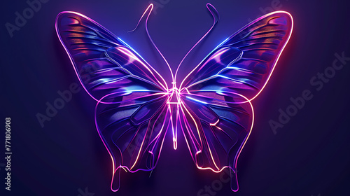 Butterfly, illuminated with neon lights that trace intricate wing patterns, deep purple backdrop