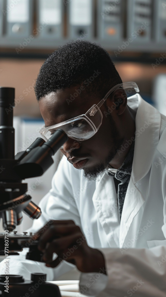 Focused scientist using microscope. Scientific or pharmacological research Focused scientist using microscope. Scientific or pharmacological research