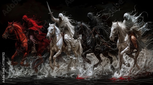 Four Horsemen of the Apocalypse on black background. A biblical illustration of end-time events photo