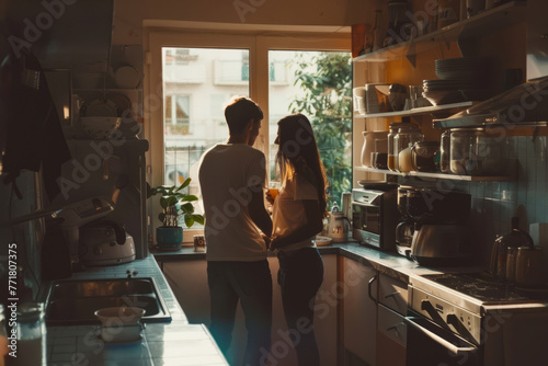 Happy adorable young couple having breakfast at kitchen before work. Generative AI © barmaleeva