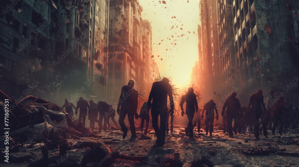 Horde of zombies dead walking in a destroyed city after infection with virus and end of the world of the alive people - obrazy, fototapety, plakaty 