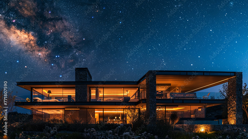 An expansive panorama of a contemporary home during a clear, star-filled night, with the architectural design lit to perfection, creating a stunning visual harmony with the night sky.