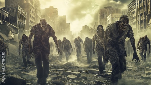Horde of zombies dead walking in a destroyed city after infection with virus and end of the world of the alive people © hardqor4ik