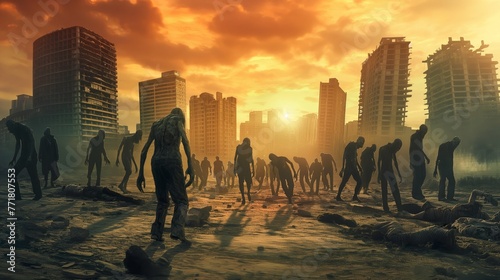 Horde of zombies dead walking in a destroyed city after infection with virus and end of the world of the alive people © hardqor4ik