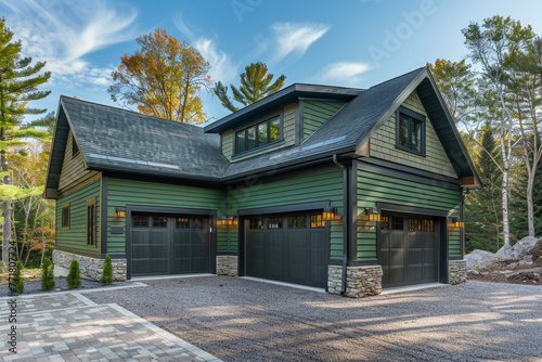 A luxurious newly built residence, showcasing a modern design with a two-car garage, surrounded by elegant green siding and accented with a natural stone wall trim.