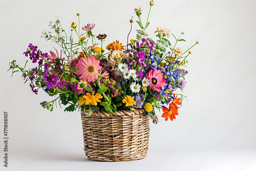 : A textured wicker basket overflowing with fresh summer flowers against a crisp white backdrop.