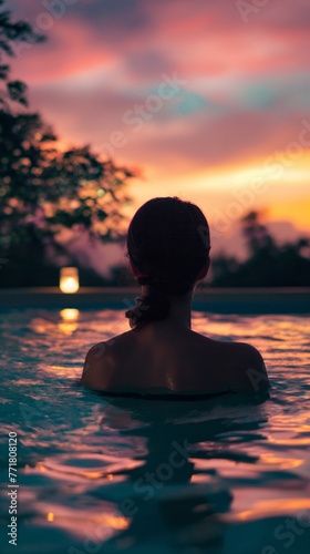 Woman enjoying a spa pool at twilight. Rest after hard working days © hardqor4ik
