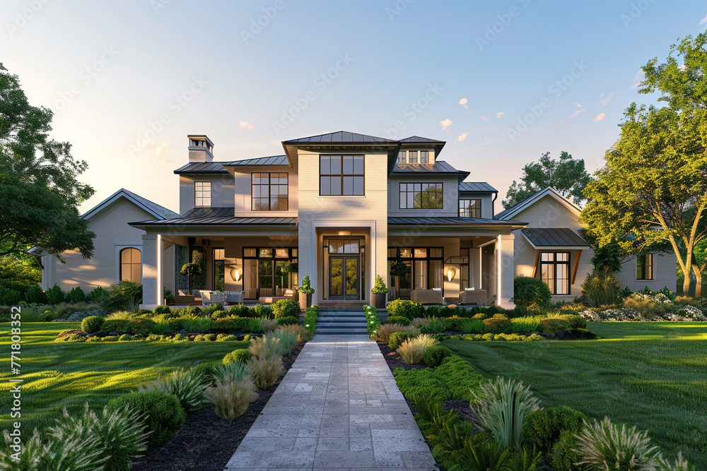 Elegant new construction home with meticulous landscaping, a lush green yard, and a welcoming walkway to a grand front porch under a clear sky.