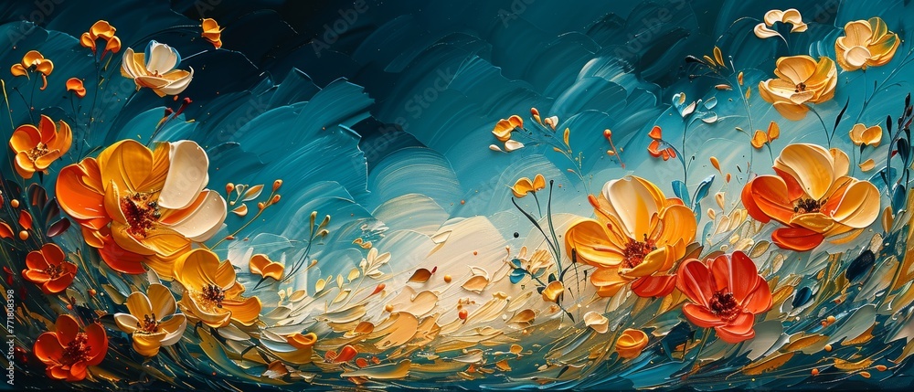 Prints of abstract art. Flowers and golden grain. Oil on canvas. Brush the paint. Modern art. Prints, wallpaper, posters, cards, murals, carpets, hangings, and wallpaper. - obrazy, fototapety, plakaty 