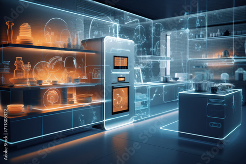 Futuristic Kitchen Equipped with Smart Home Appliances with Neon Lighting, Innovative Smart Kitchen Concept