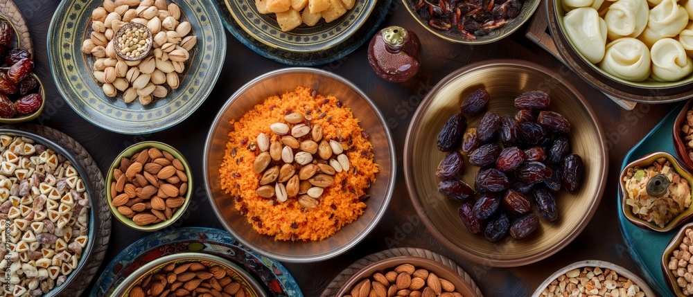 Sumptuous Spread Of Traditional Arabic Food Served During Ramadan Featuring Dates and Almonds Sumptuous Spread Of Traditional Arabic Food Served During Ramadan Featuring Dates and Almonds