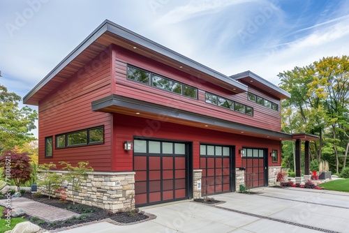 High-end modern home featuring a spacious two-car garage  encased in sleek red siding complemented by natural stone accents along the wall trim.