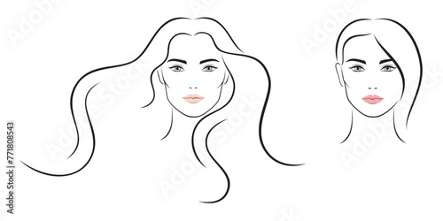 Vector set of outline, abstract female face portraits, frontal view, isolated, illustration on white background.