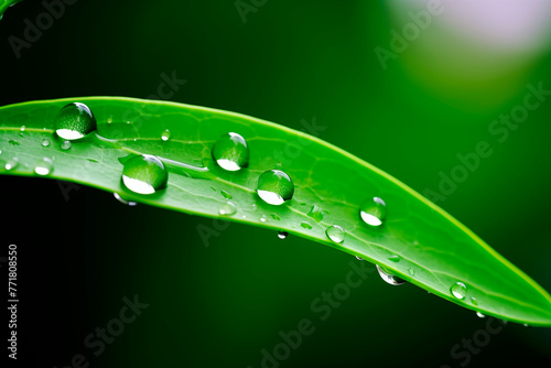 Beautiful transparent natural dew drops on fresh grass leaf. Closeup water drops. morning dew on leaves