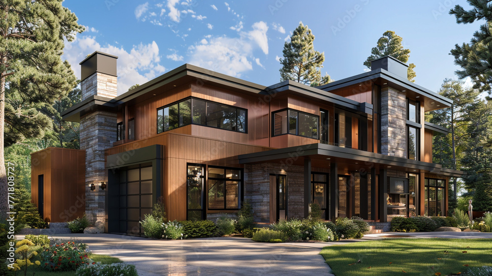 Luxurious modern home without a garage, wrapped in chic copper siding and complemented by natural stone wall trim, focusing on a sleek and elegant design.