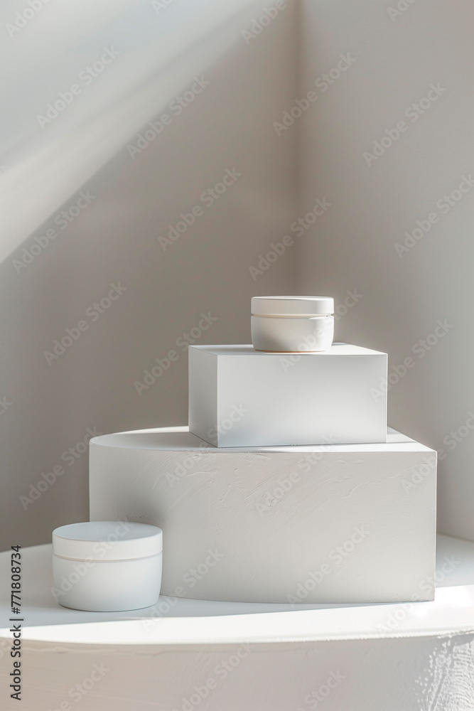White mockup jar of cream lid on the podium. Mockup for cosmetics produce. White mockup jar of cream lid on the podium. Mockup for cosmetics produce.