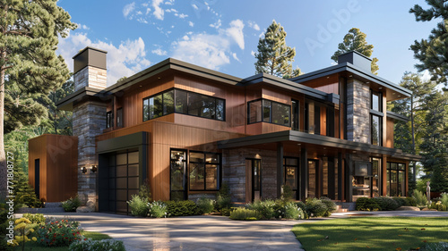 Luxurious modern home without a garage, wrapped in chic copper siding and complemented by natural stone wall trim, focusing on a sleek and elegant design.