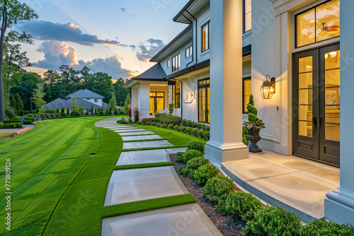 Pristine exterior of a high-end home with vibrant grass, elegant walkway, leading to a beautifully designed porch and entrance, under soft evening light. © Salar's arts