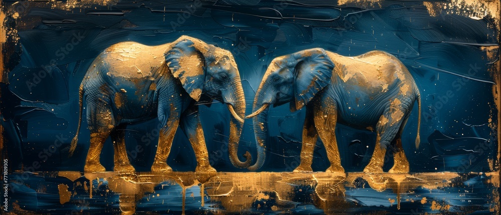Art, abstraction, texture, gold elements, oil paintings, chinoiserie, animal prints, horses, elephants, etc. - obrazy, fototapety, plakaty 