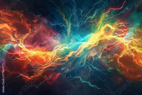 Energetic and vibrant depiction of space, featuring glowing colors and striking orange accents. photo