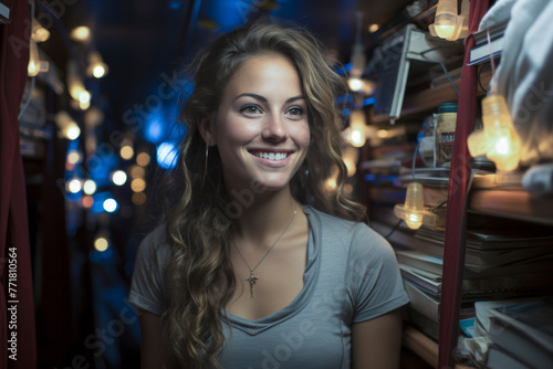 A woman with long hair is smiling and wearing a necklace. She is standing in front of a shelf full of books
