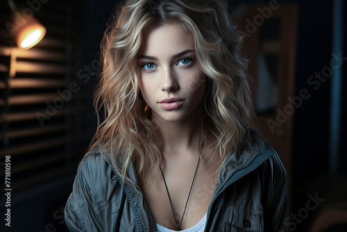 A woman with blonde hair and blue eyes is wearing a black jacket and necklace. She is standing in front of a window © larrui