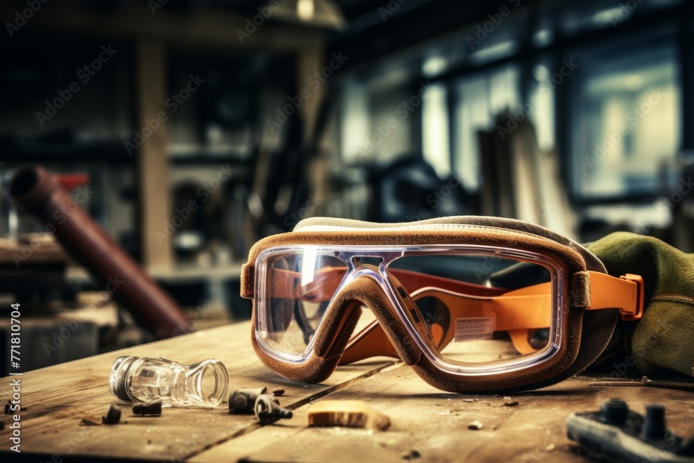 Protective eyewear in focus amidst the rustic charm of a traditional industrial workspace - obrazy, fototapety, plakaty 