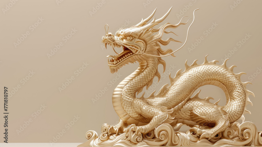 The golden sculpture of a Chinese dragon is in a state of being ready ...