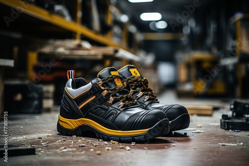 Emphasizing the Importance of Protective Gear with a Safety Shoe in an Industrial Factory Environment © aicandy