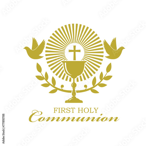 holy communion gold icon with chalice and doves isolated on white background