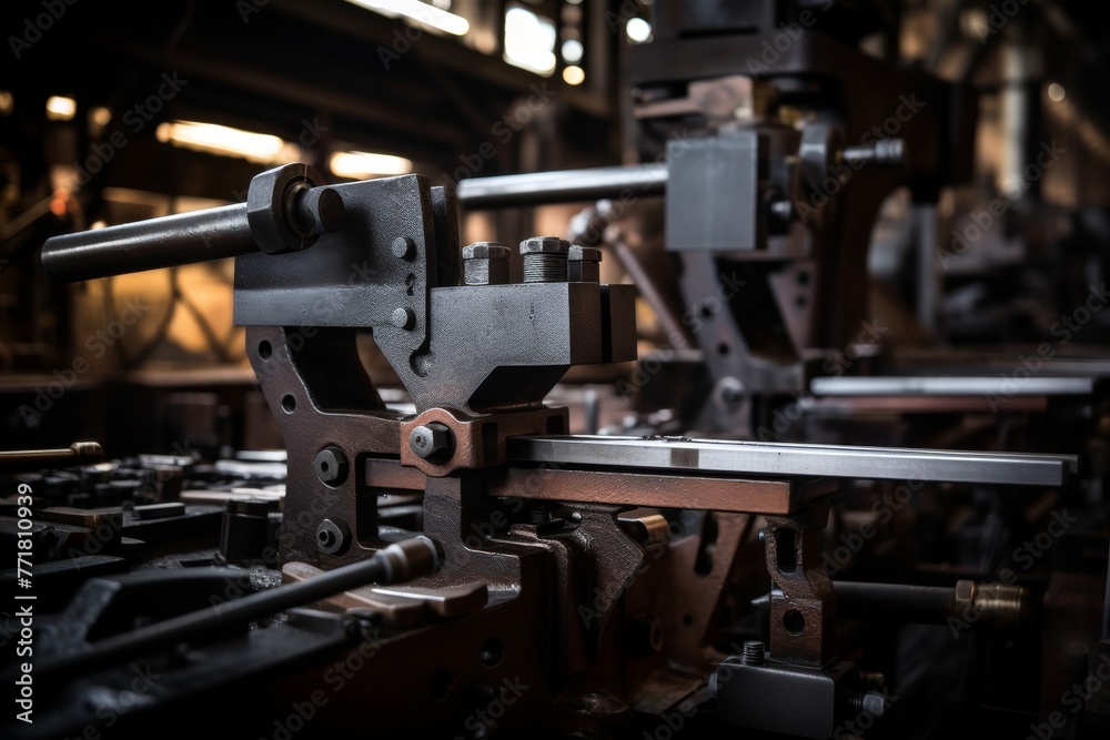 Symbolizing resilience in industry: A gleaming steel bracket in a well-equipped machinery environment Symbolizing resilience in industry: A gleaming steel bracket in a well-equipped machinery environment