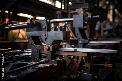 Wallpaper Mural Symbolizing resilience in industry: A gleaming steel bracket in a well-equipped machinery environment Torontodigital.ca