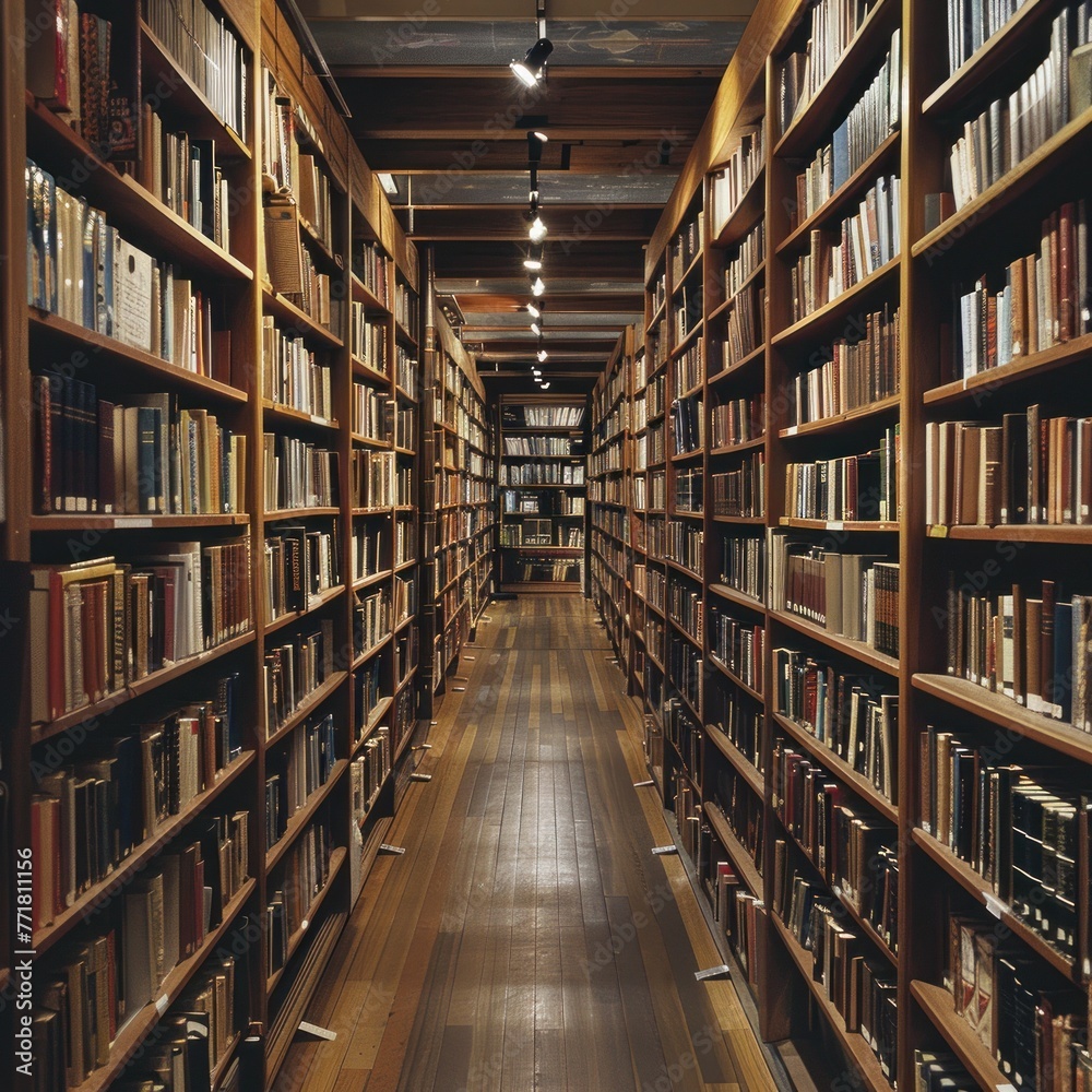 Aisle of Bookshelves: Frame the scene with aisles of bookshelves stretching into the distance, filled with volumes on philosophy, literature, and history. Generative AI