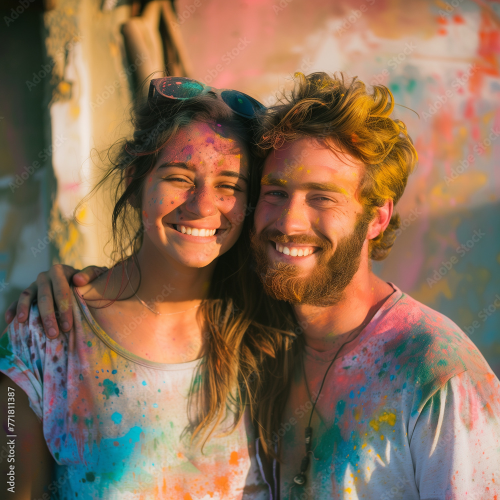 Portrait of happy young caucasian couple covered with holi paint on colorful background
