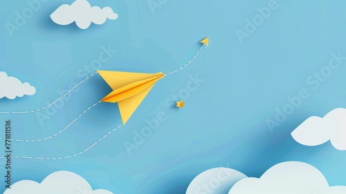 An origami paper plane trailing a dash line in the sky with a loop in the sky above. The word back to school is floating in a white cloud. Modern illustration.