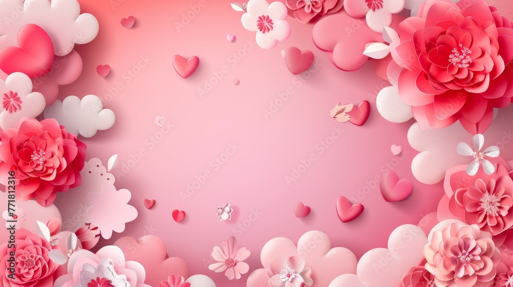 Concept posters for Valentine's Day. Modern illustration. 3D flowers, paper hearts, clouds with frame. Fun love sale banner, voucher, brochure template or greeting card. Place for text.