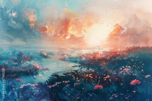 Dreamy fantasy landscape painting with tender colors and surreal elements, digital concept art photo