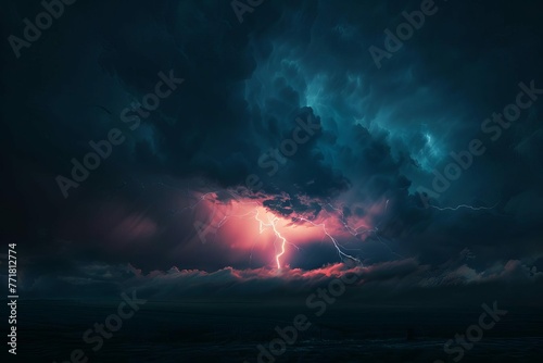 Dramatic lightning bolt striking in dark stormy sky, electrifying landscape, digital art