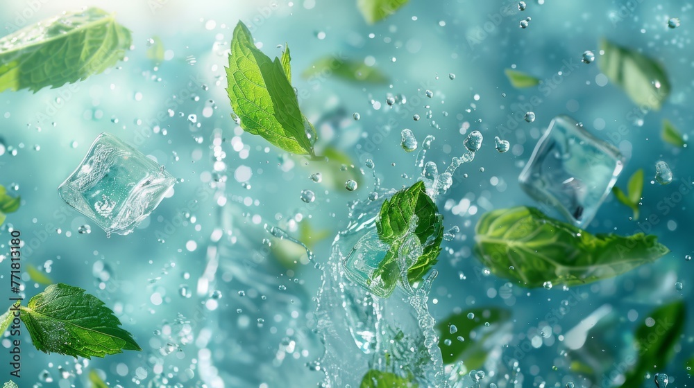 Sparkling water concept with ice cubes and mint leaves tumbling through space, capturing a feeling of purity and vitality, ideal for a spa or wellness product Sparkling water concept with ice cubes and mint leaves tumbling through space, capturing a feeling of purity and vitality, ideal for a spa or wellness product