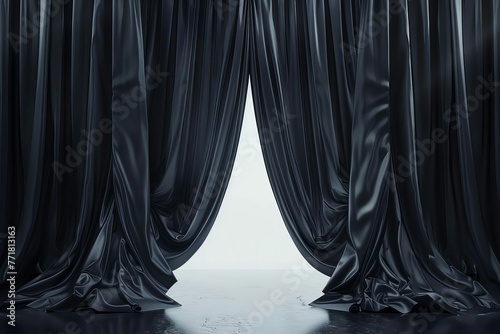 Dramatic black fabric curtains flying for a grand opening ceremony, 3D render photo
