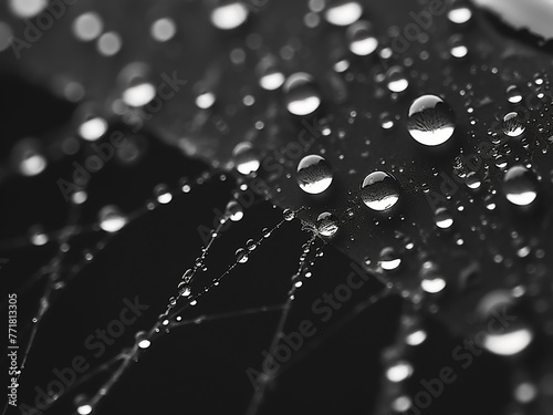Monochrome photo highlights spider web with dewdrops in morning light.