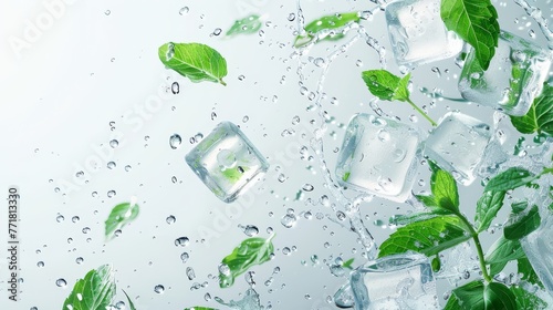 Crystal clear ice cubes and fresh mint leaves with a splash of water droplets against a white background, perfect for a refreshing drink advertisement