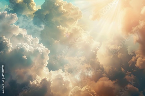 Divine light shining through clouds, spiritual concept of heaven and earth creation - Surreal digital art