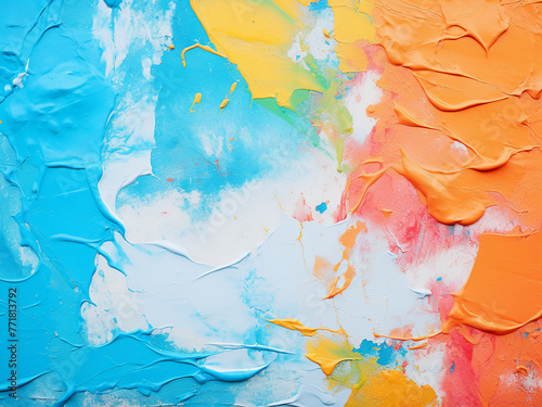 Abstract background features a colorful mix of blue  orange  and white acrylic paints